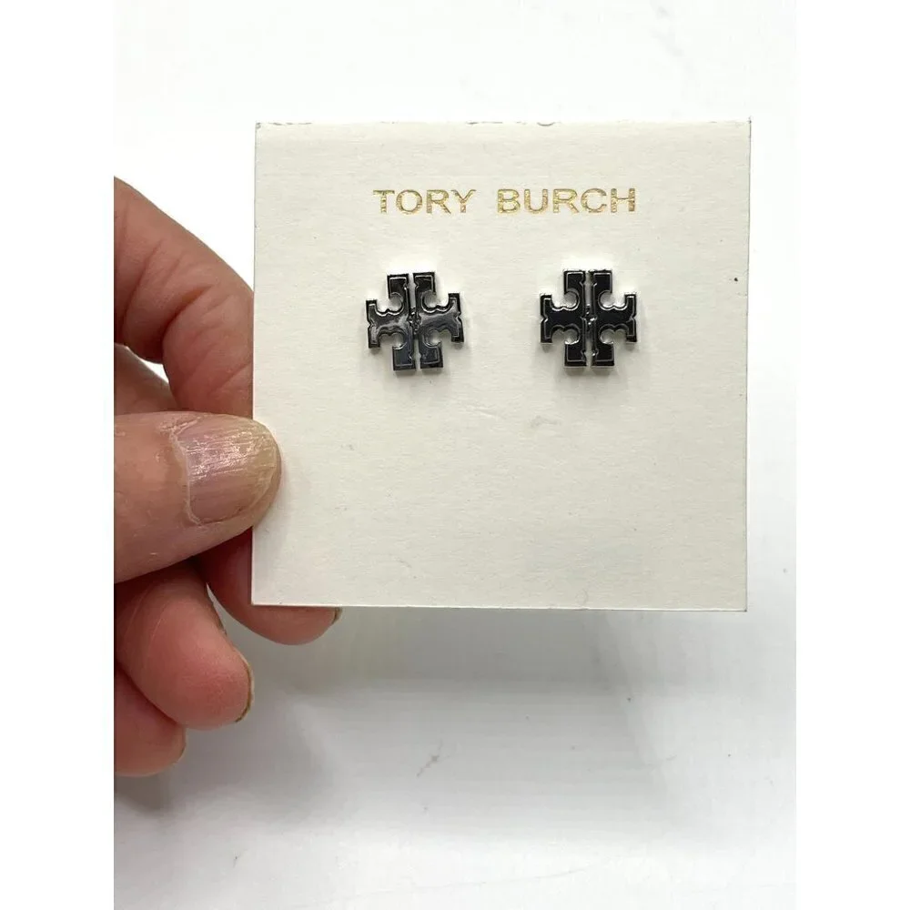 NWT Tory Burch Iconic Small T Logo Stud Pierced Earrings Silver Tone 3/8